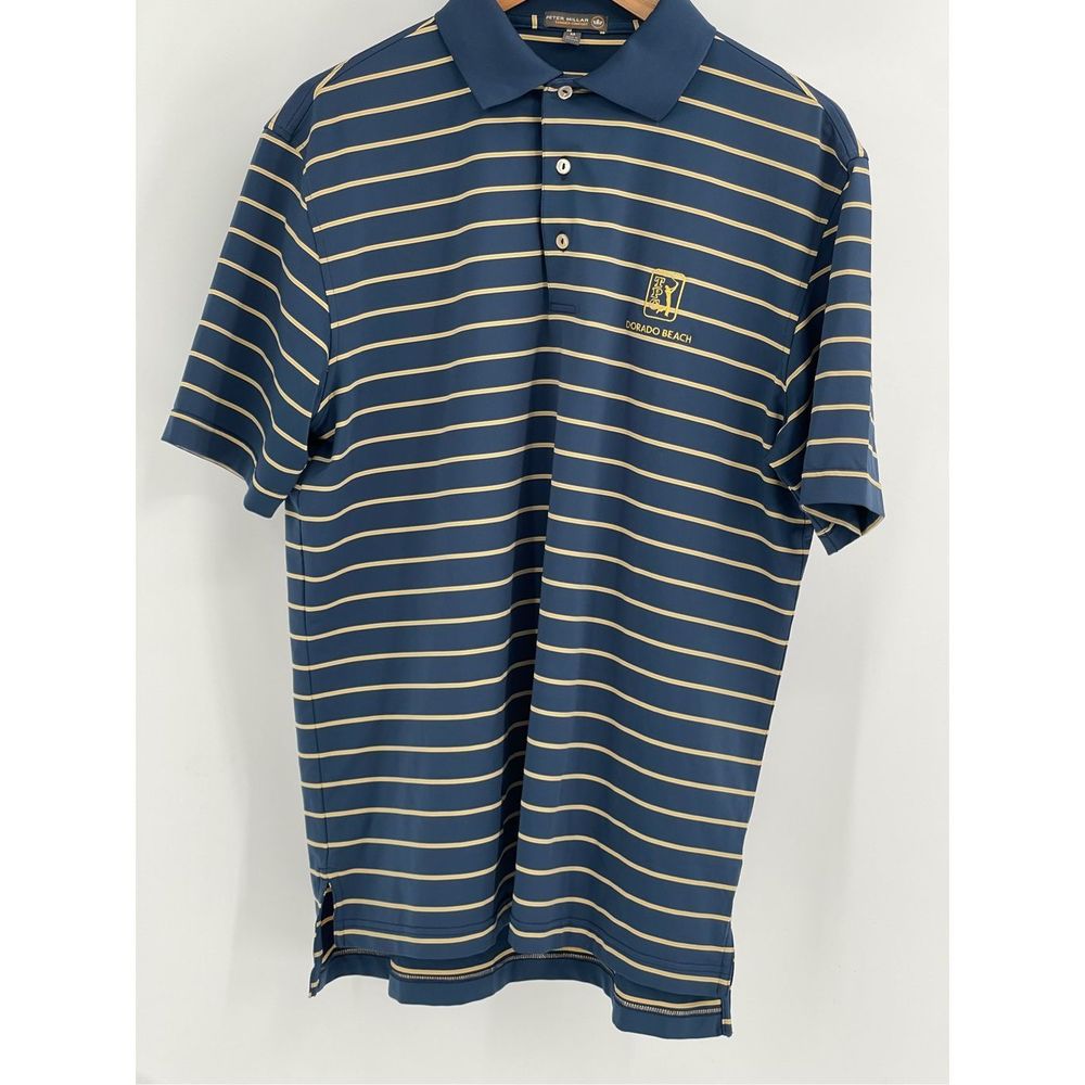 Peter Millar Summer Comfort Polo Shirt Golf Men Medium Blue Yellow Stripe Dorado
